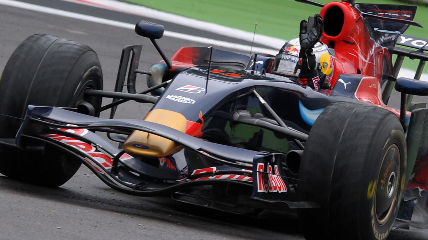 Toro Rosso's German driver Sebastien Vettel celebrates on the Monza racetrack on September 14, 2008